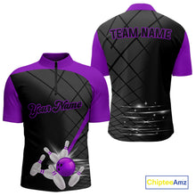Load image into Gallery viewer, Black and Purple bowling league jersey custom Mens Bowling Polo, 1/4 zip Shirt, gifts for men bowler NQS10097