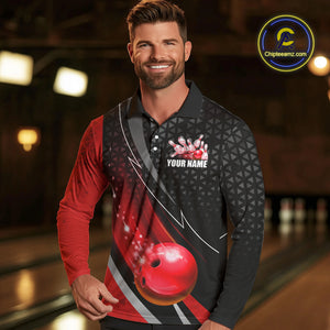 Black and Red Bowling Camo Polo, 1/4 Zip Shirt for Men Custom Team Bowling jerseys, Bowler Outfit NQS10424