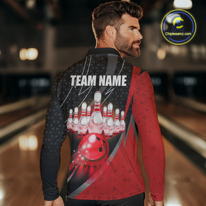 Black and Red Bowling Camo Polo, 1/4 Zip Shirt for Men Custom Team Bowling jerseys, Bowler Outfit NQS10424