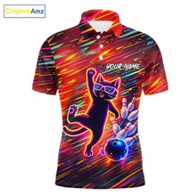 Load image into Gallery viewer, Funny Colorful Neon Cat Bowling Polo shirt, 1/4 zip shirts for men custom Bowling Team League Shirts NQS11429