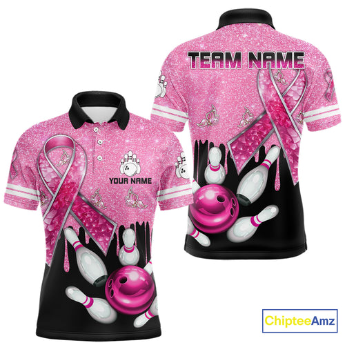 Black and Pink ribbon glitter Bowling Shirts For Men Custom breast cancer team bowling jerseys NQS9950