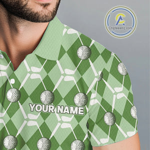 Mens golf polo shirts custom green argyle plaid pattern golf attire for men, golfer gifts NQS10435