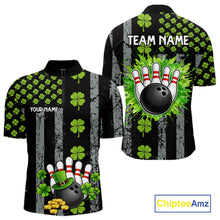 Load image into Gallery viewer, Custom Black Grunge US Flag Green Shamrock St Patrick Bowling polo shirts for men, bowling jersey men NQS11450