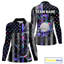 Load image into Gallery viewer, Black American Flag Hologram Womens golf polo shirts Custom patriotic ladies golf tops best golf gift NQS11640