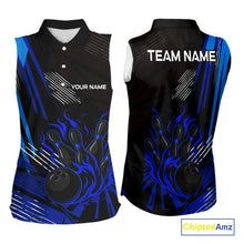 Load image into Gallery viewer, Black and Blue Flame Bowling sleeveless polo Shirts Custom Bowling Outfit Team Jerseys NQS9962