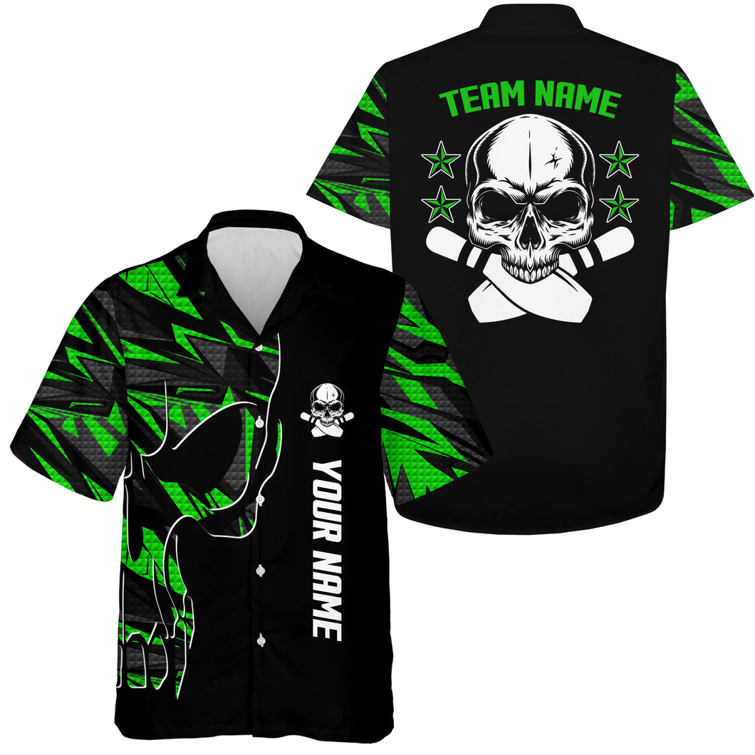 Bowling Hawaiian Shirt custom name and team name Skull Bowling, team bowling shirts | Green NQS4553