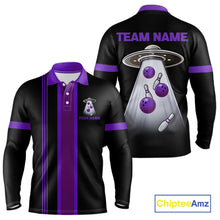 Load image into Gallery viewer, Black and Purple ufo alien Retro Bowling Polo, Quarter Zip Shirts for men Custom Bowling Team Jersey NQS11464