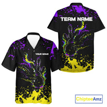 Load image into Gallery viewer, Personalized Black, Purple and Yellow Bowling Hawaiian Shirt, Bowling Ball &amp; Pins Bowling Team Shirts NQS11466