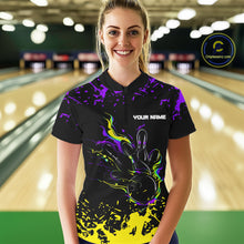 Load image into Gallery viewer, Personalized Black, Purple &amp; Yellow Bowling Shirts For Women, Bowling Balls &amp; Pins Bowling Team Shirt NQS11466