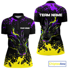 Load image into Gallery viewer, Personalized Black, Purple &amp; Yellow Bowling Shirts For Women, Bowling Balls &amp; Pins Bowling Team Shirt NQS11466
