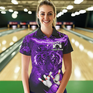 Personalized Purple Lightning Thunder Storm Tiger Bowling Shirts For Women Custom Bowling Team Jerseys NQS9684