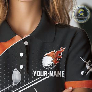 Black & Orange Fire golf ball custom Women golf polo shirt, personalized ladies golf outfit for team NQS10124