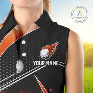 Black and Orange Fire golf ball custom Women sleeveless polo shirt, personalized golf outfit for team NQS10124