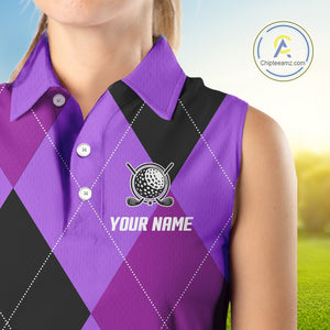 Women Sleeveless Polo Shirt custom purple and black golf argyle plaid pattern, personalized golf gift NQS10653