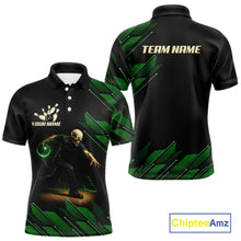 Load image into Gallery viewer, Black and Green Camo Skull Lightning Bowling Polo, 1/4 zip shirts for Men Custom Team bowling Jersey NQS11657