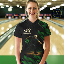 Load image into Gallery viewer, Black &amp; Green Camo Skull Lightning Bowling Polo, 1/4 zip shirts for Women Custom Team bowling Jersey NQS11657