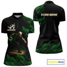 Load image into Gallery viewer, Black &amp; Green Camo Skull Lightning Bowling Polo, 1/4 zip shirts for Women Custom Team bowling Jersey NQS11657