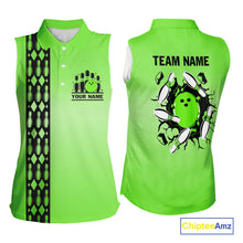 Load image into Gallery viewer, Personalized Black and Green Retro Bowling Sleeveless Polo Team Shirt For Women Custom Bowling Gift NQS10460