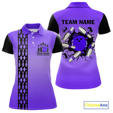 Load image into Gallery viewer, Personalized Black &amp; Purple Retro Bowling Polo, Quarter Zip Team Shirt For Women Custom Bowling Gift NQS10461