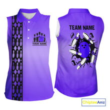 Load image into Gallery viewer, Personalized Black &amp; Purple Retro Bowling Sleeveless Polo Team Shirt For Women Custom Bowling Gift NQS10461