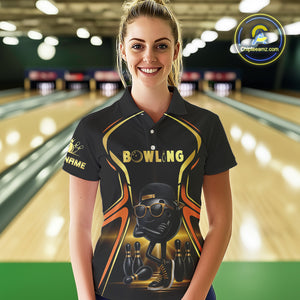 Black and Gold Funny bowling ball and pins Bowling shirts for Women Custom cool bowling team jerseys NQS10273