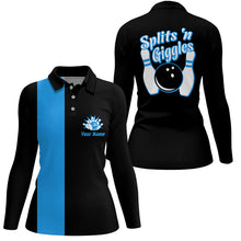Load image into Gallery viewer, Splits'n Giggles Bowling polo, 1/4 zip Shirt For Women Personalized black blue retro bowling Jersey NQS8487