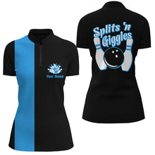 Load image into Gallery viewer, Splits'n Giggles Bowling polo, 1/4 zip Shirt For Women Personalized black blue retro bowling Jersey NQS8487