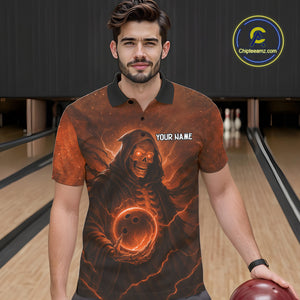 Orange Thunder Lightning Skull Reaper Bowling Shirts For Men Custom Halloween Team Bowling Jerseys NQS10680