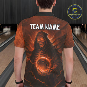 Orange Thunder Lightning Skull Reaper Bowling Shirts For Men Custom Halloween Team Bowling Jerseys NQS10680