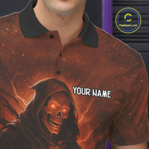 Orange Thunder Lightning Skull Reaper Bowling Shirts For Men Custom Halloween Team Bowling Jerseys NQS10680