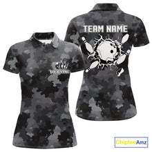 Load image into Gallery viewer, Bowling Polo, Quarter Zip shirts For Women Custom bowling ball &amp; pins black camo Bowling Team Jersey NQS10889