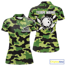 Load image into Gallery viewer, Bowling Polo, Quarter Zip shirts For Women Custom bowling ball &amp; pins Green camo Bowling Team Jersey NQS10890