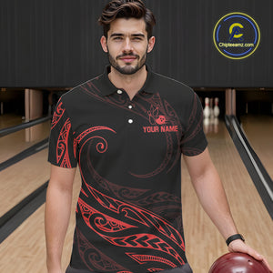 Black and Red Tribal Pattern Bowling Polo, Quarter Zip shirts For Men Custom Team Bowling Jerseys NQS10485
