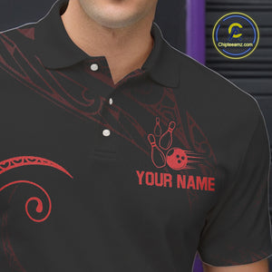 Black and Red Tribal Pattern Bowling Polo, Quarter Zip shirts For Men Custom Team Bowling Jerseys NQS10485