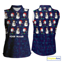 Load image into Gallery viewer, Blue Christmas Plaid pattern snowman Women Sleeveless Polo Shirt custom Christmas ladies golf attire NQS10902