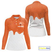 Load image into Gallery viewer, Womens golf polo shirts custom orange Ice Cream Melting On Golf Ball, golf gifts for ladies NQS9989
