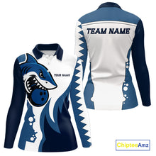 Load image into Gallery viewer, White and Blue Shark Bowling Polo, Quarter Zip shirts for Womens custom shark bowling team jerseys NQS10159