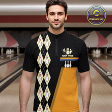 Load image into Gallery viewer, Black and Yellow Retro Bowling Polo, Quarter Zip shirt for Men Custom vintage team bowling jersey NQS10707