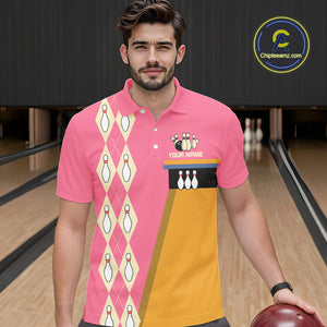 Pink and Yellow Retro Bowling Polo, Quarter Zip shirt for Men Custom vintage team bowling jersey NQS10708