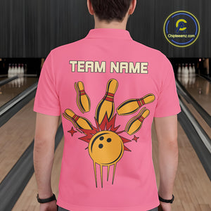 Pink and Yellow Retro Bowling Polo, Quarter Zip shirt for Men Custom vintage team bowling jersey NQS10708
