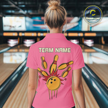 Load image into Gallery viewer, Pink and Yellow Retro Bowling Polo, Quarter Zip shirt for Women Custom vintage team bowling jersey NQS10708