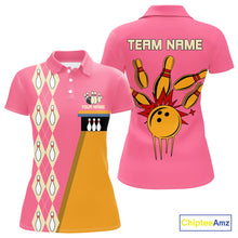 Load image into Gallery viewer, Pink and Yellow Retro Bowling Polo, Quarter Zip shirt for Women Custom vintage team bowling jersey NQS10708