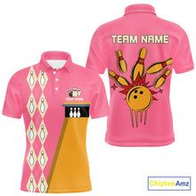 Load image into Gallery viewer, Pink and Yellow Retro Bowling Polo, Quarter Zip shirt for Men Custom vintage team bowling jersey NQS10708