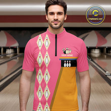 Load image into Gallery viewer, Pink and Yellow Retro Bowling Polo, Quarter Zip shirt for Men Custom vintage team bowling jersey NQS10708