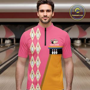 Pink and Yellow Retro Bowling Polo, Quarter Zip shirt for Men Custom vintage team bowling jersey NQS10708