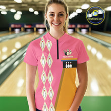 Load image into Gallery viewer, Pink and Yellow Retro Bowling Polo, Quarter Zip shirt for Women Custom vintage team bowling jersey NQS10708