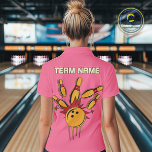 Pink and Yellow Retro Bowling Polo, Quarter Zip shirt for Women Custom vintage team bowling jersey NQS10708