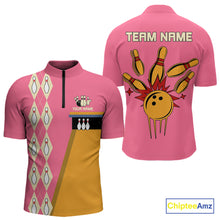 Load image into Gallery viewer, Pink and Yellow Retro Bowling Polo, Quarter Zip shirt for Men Custom vintage team bowling jersey NQS10708