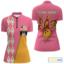 Load image into Gallery viewer, Pink and Yellow Retro Bowling Polo, Quarter Zip shirt for Women Custom vintage team bowling jersey NQS10708