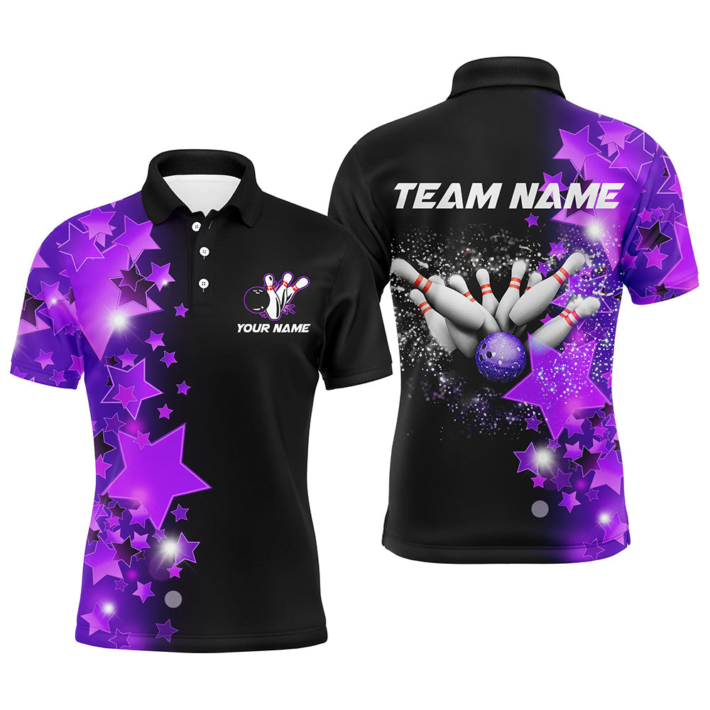 Men bowling Polo, Quarter Zip shirts Custom Purple Stars Bowling Team Bowlers Jersey NQS8527